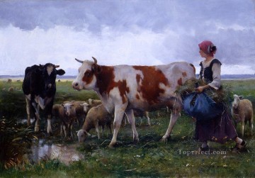 Mujer campesina con vida de granja de vacas y ovejas Realismo Julien Dupre Pinturas al óleo